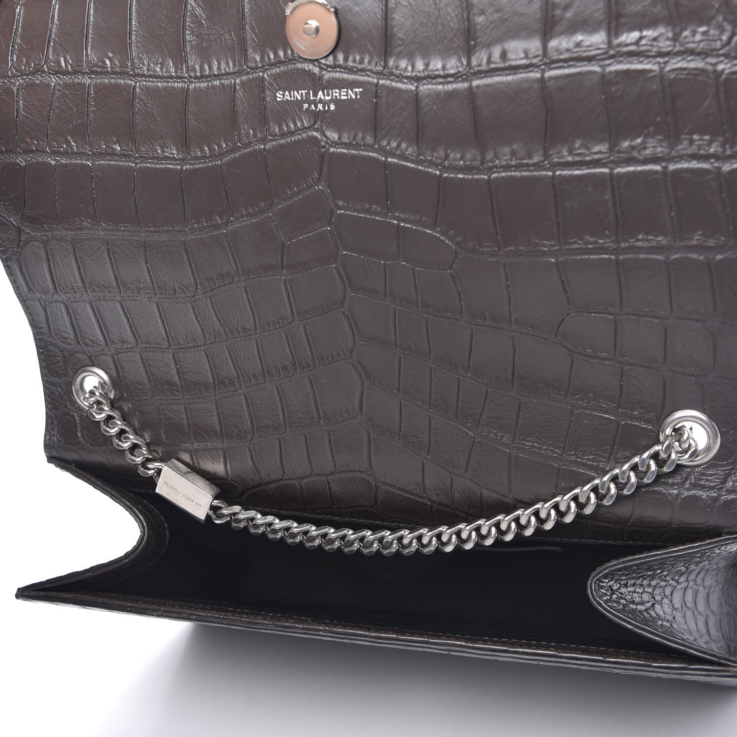 Saint Laurent Calfskin Crocodile Embossed Medium Classic Monogram Kate Tassel Satchel Earth Grey 5 of 9