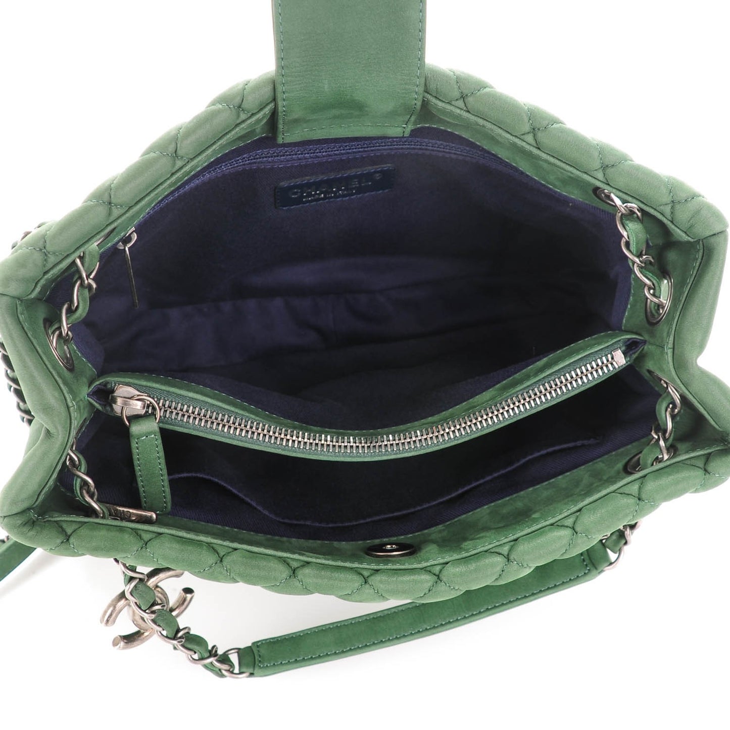 Iridescent Calfskin New Bubble Quilt Small Tote Green