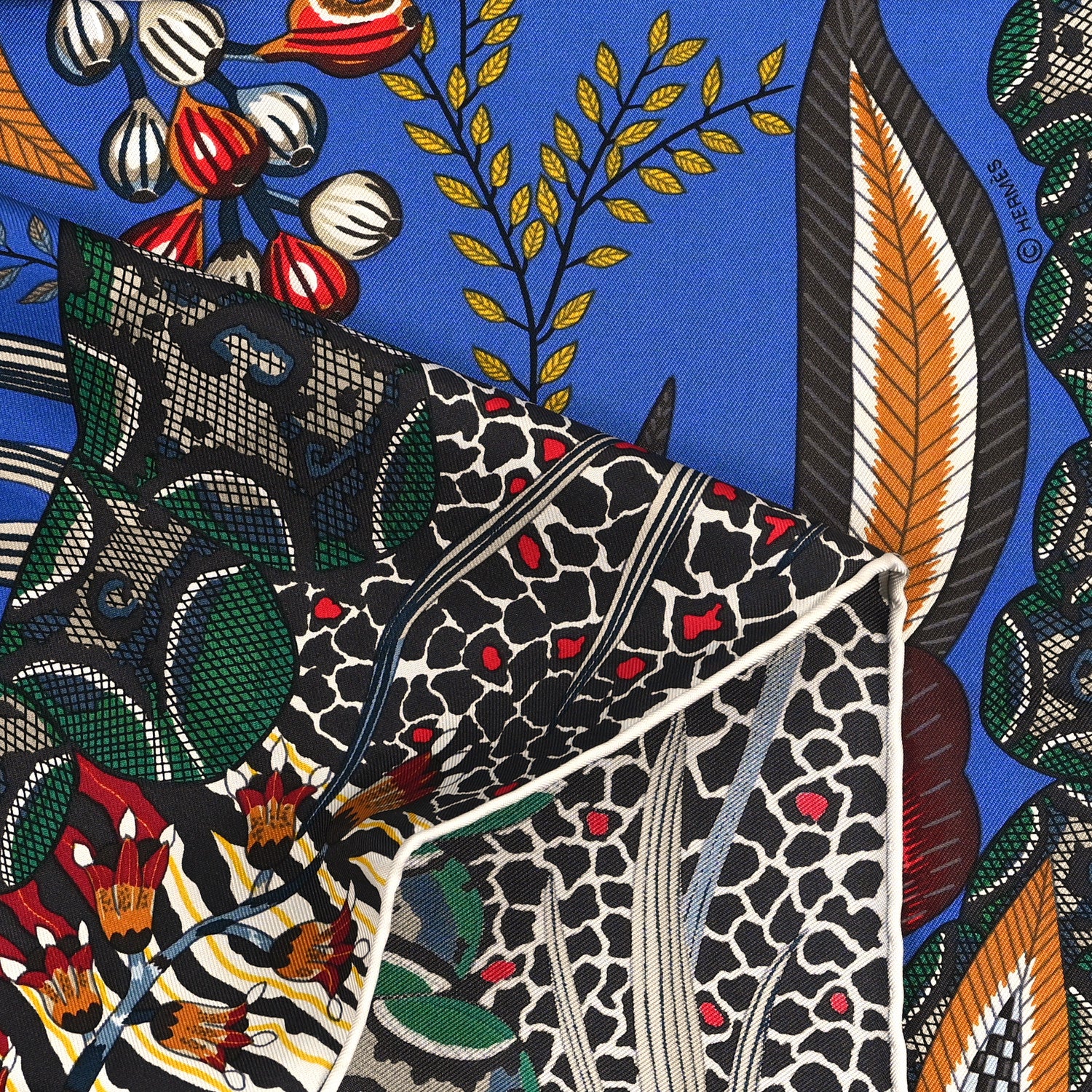 Hermes Silk Flowers of South Africa Scarf 90 Bleu Brun Vert 3 of 3