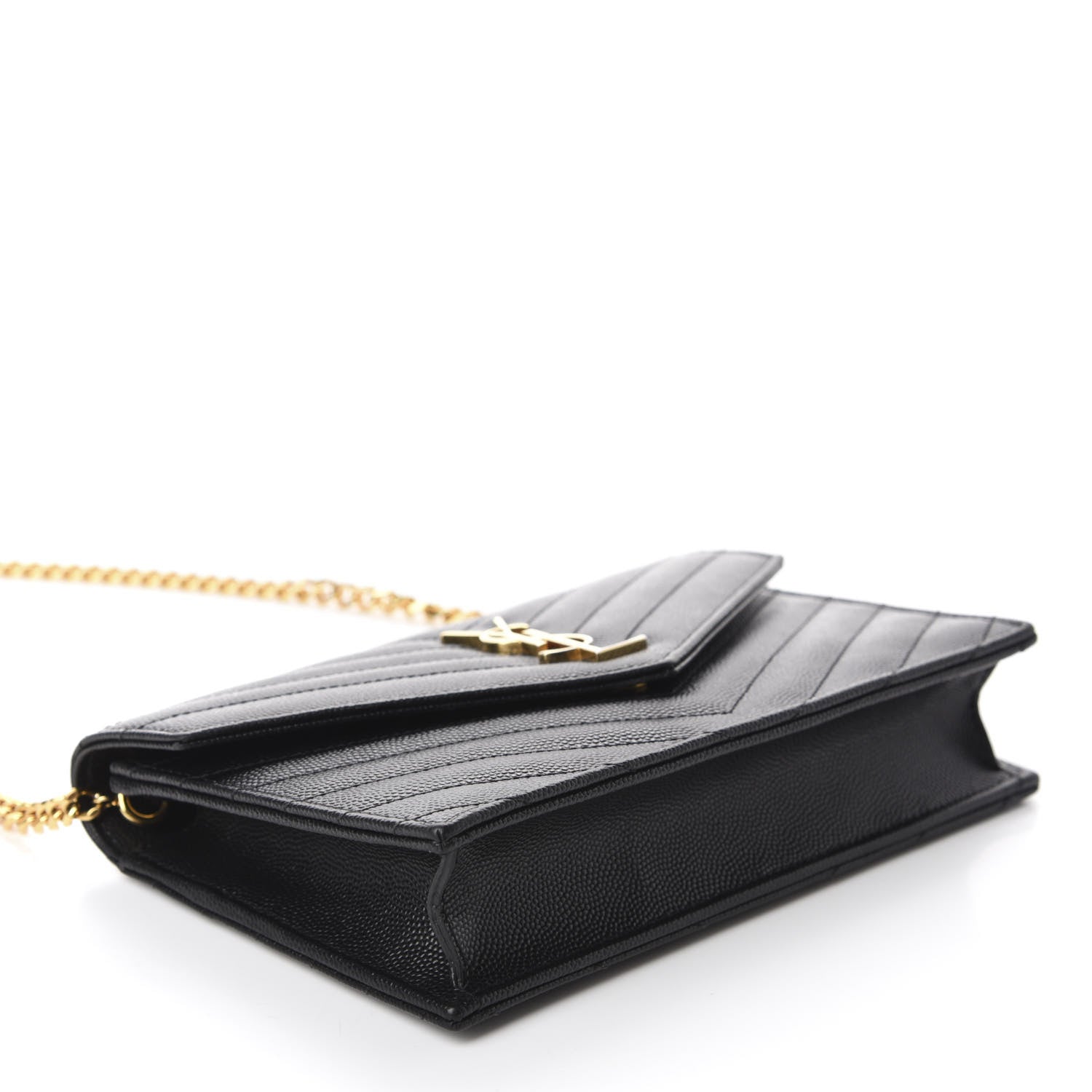 Saint Laurent Grain De Poudre Matelasse Chevron Monogram Envelope Chain Wallet Black 4 of 13