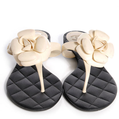Chanel Jelly Quilted Camellia Thong Sandals 40 Black White 2 of 6
