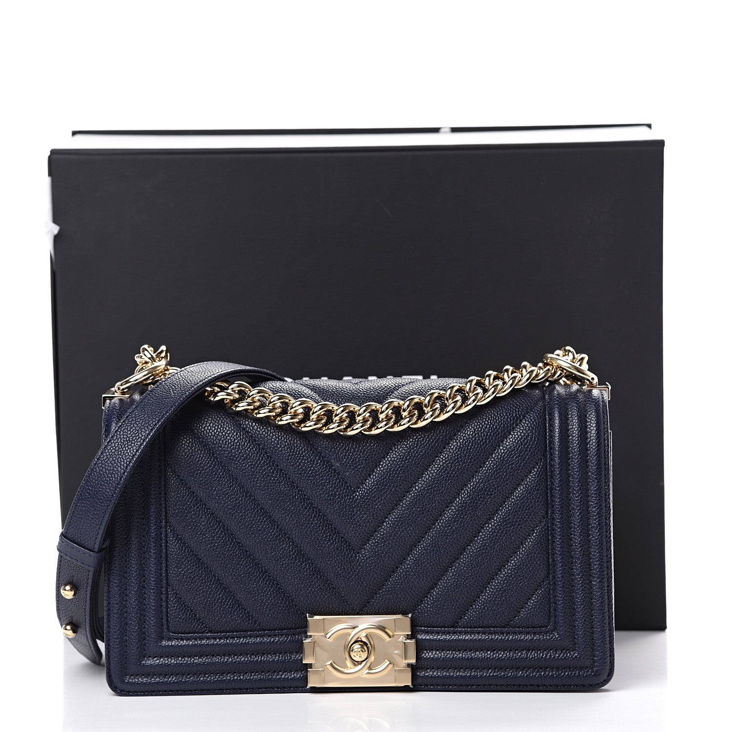 Chanel Caviar Chevron Quilted Medium Boy Flap Navy 10 of 10