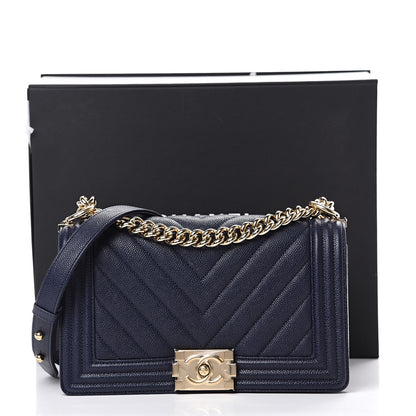 Chanel Caviar Chevron Quilted Medium Boy Flap Navy 10 of 10