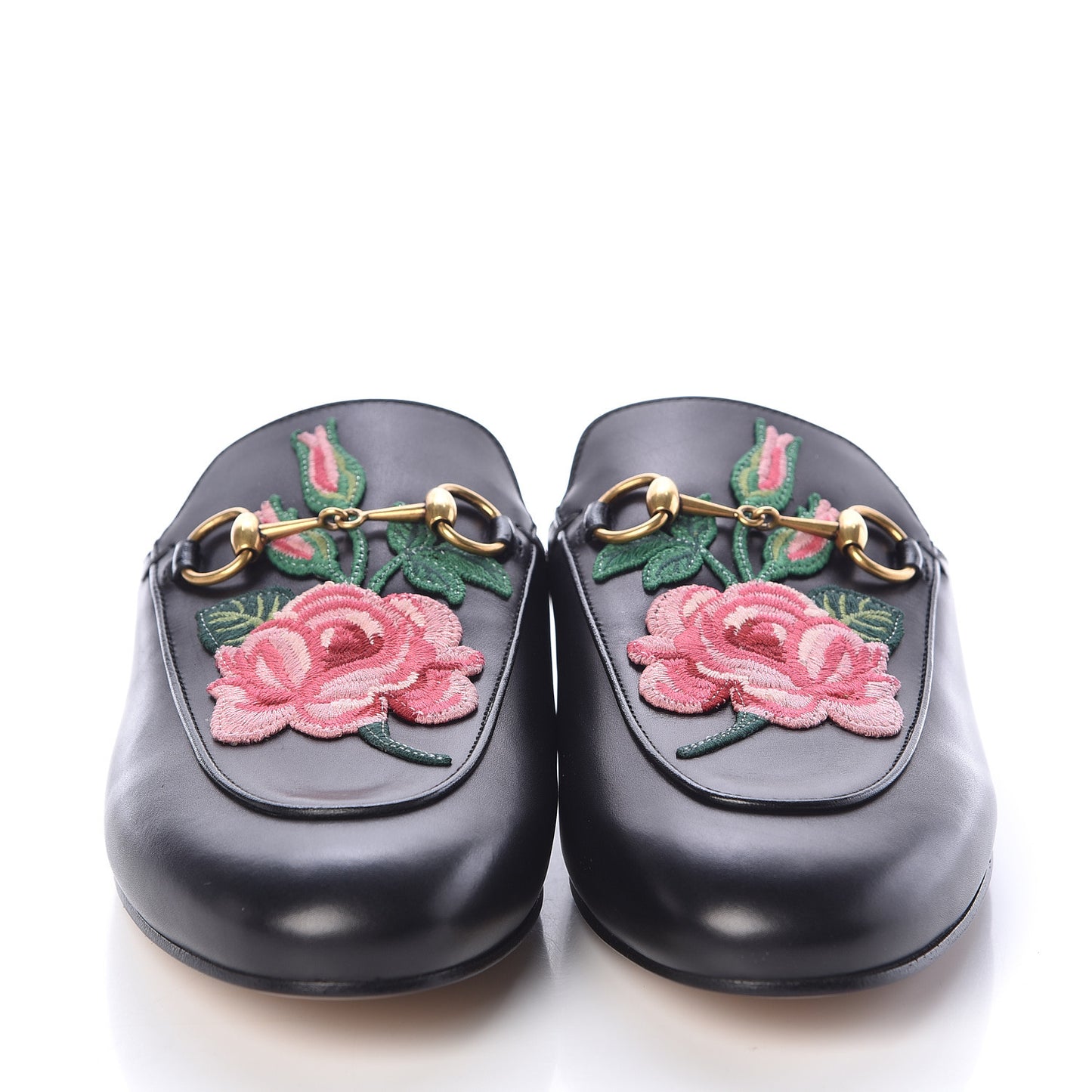 Calfskin Flower Embroidered Princetown Slippers 38.5 Black