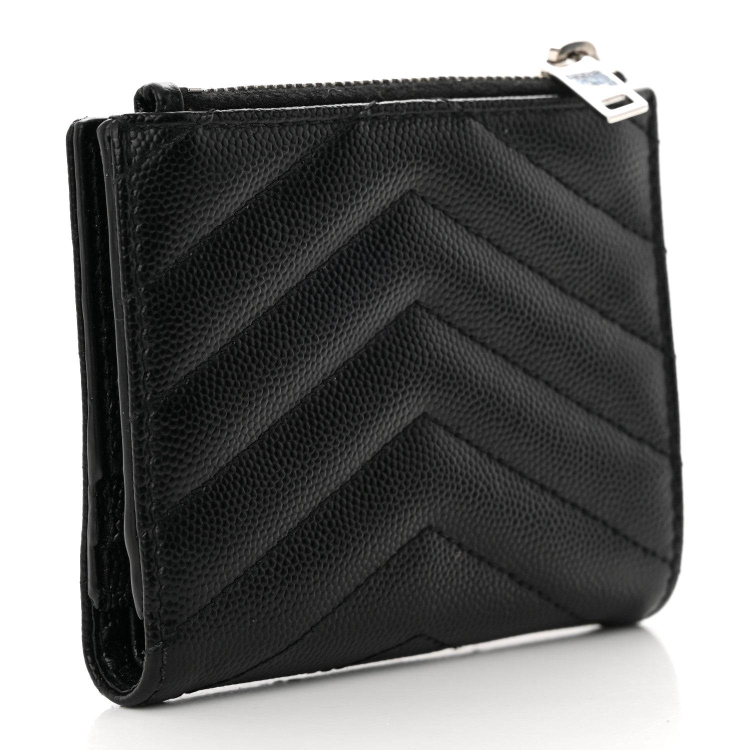 Saint Laurent Grain De Poudre Matelasse Chevron Monogram Zipped Card Case Black 3 of 10