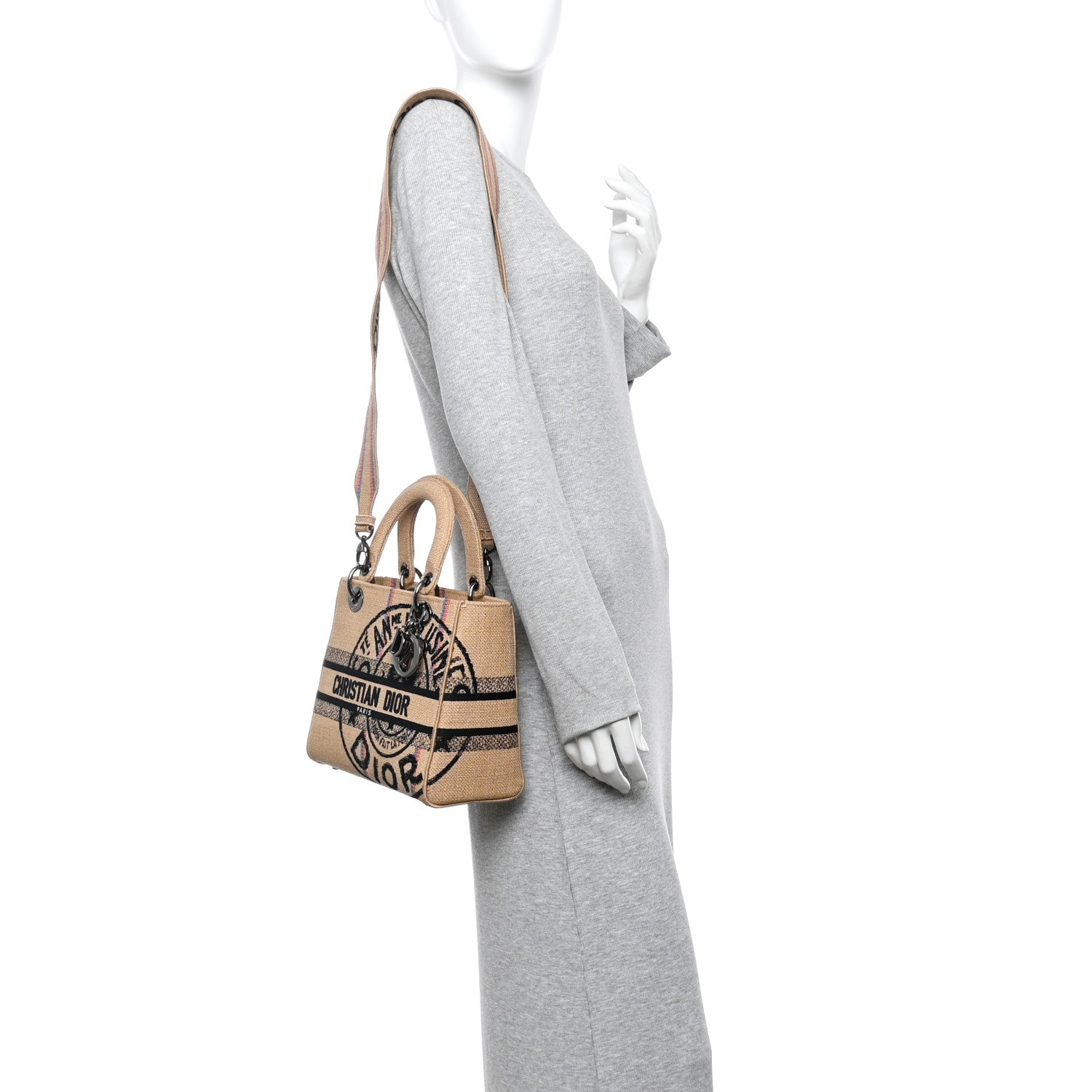 Christian Dior Canvas Jute Embroidered Medium Lady D-Lite Beige Multicolor 2 of 12