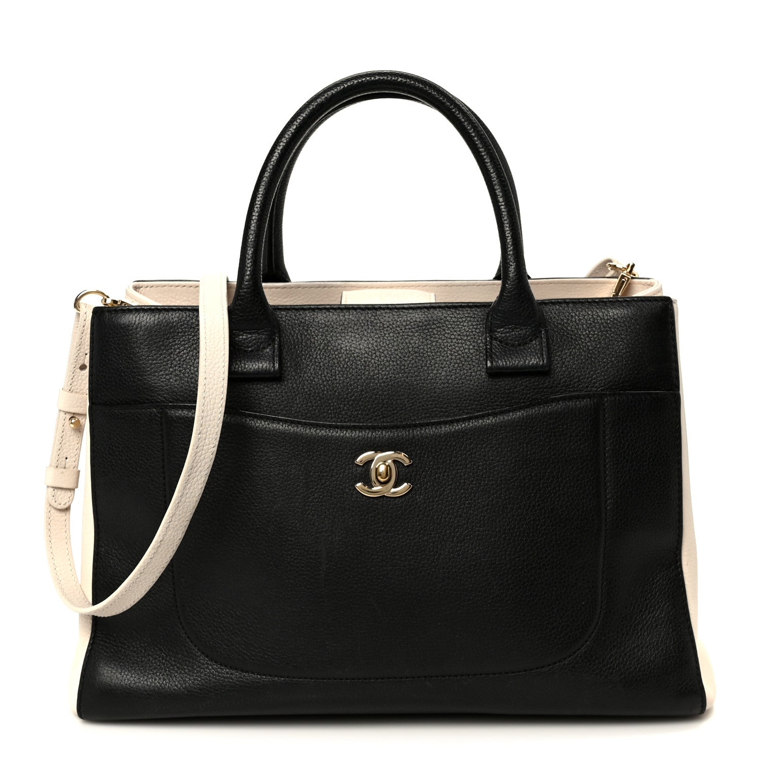 Chanel Grained Calfskin Small Bi-Color Neo Executive Shopper Tote Black Beige 1 of 10