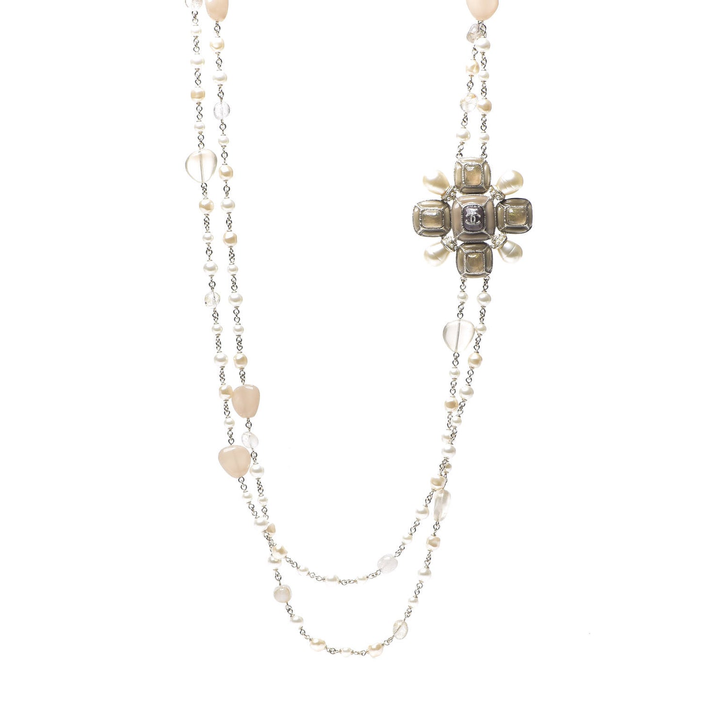 Glass Pearl Gripoix Long Necklace Gold