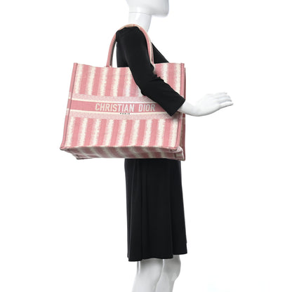 Christian Dior Canvas Embroidered Large Striped Book Tote Pink 2 of 13