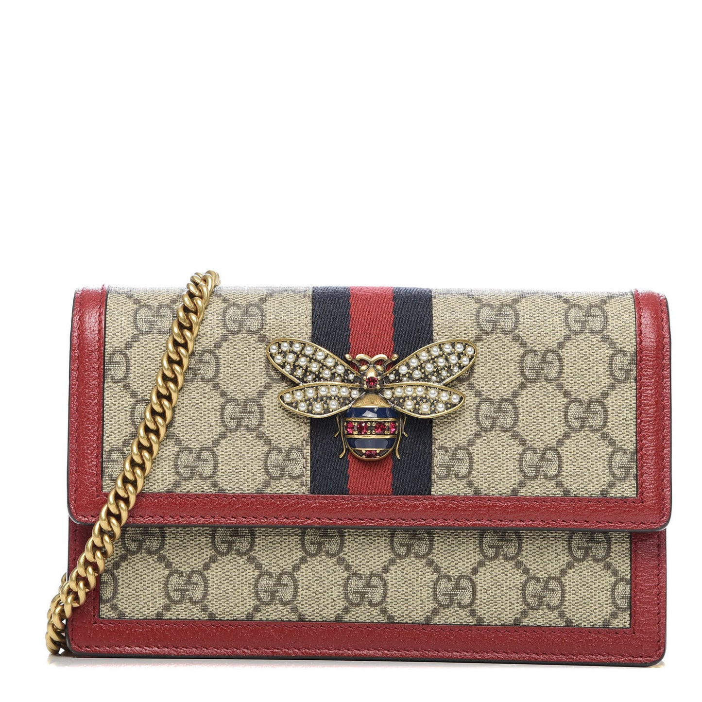 GG Supreme Monogram Web Queen Margaret Chain Wallet Red