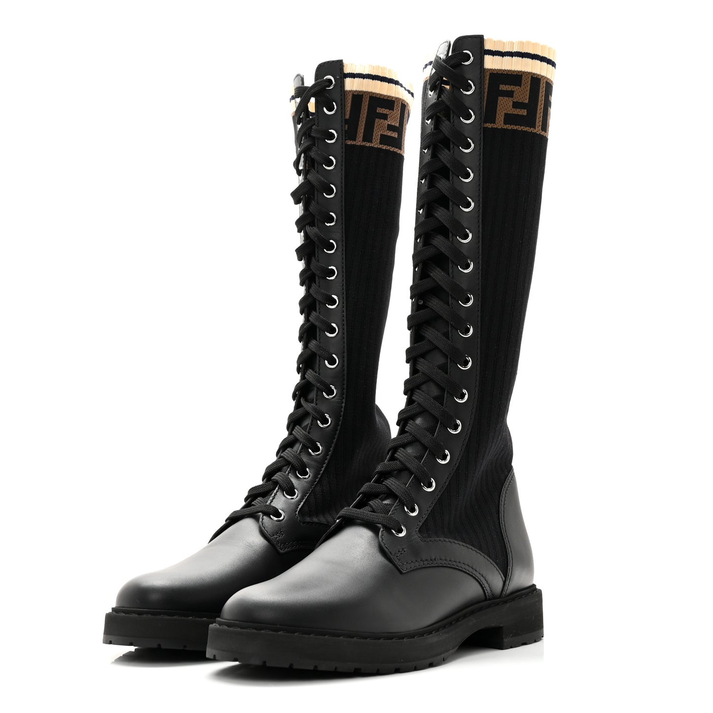 Calfskin Stretch Fabric FF Rockoko Tall Biker Boots 38 Tobacco Black Marino