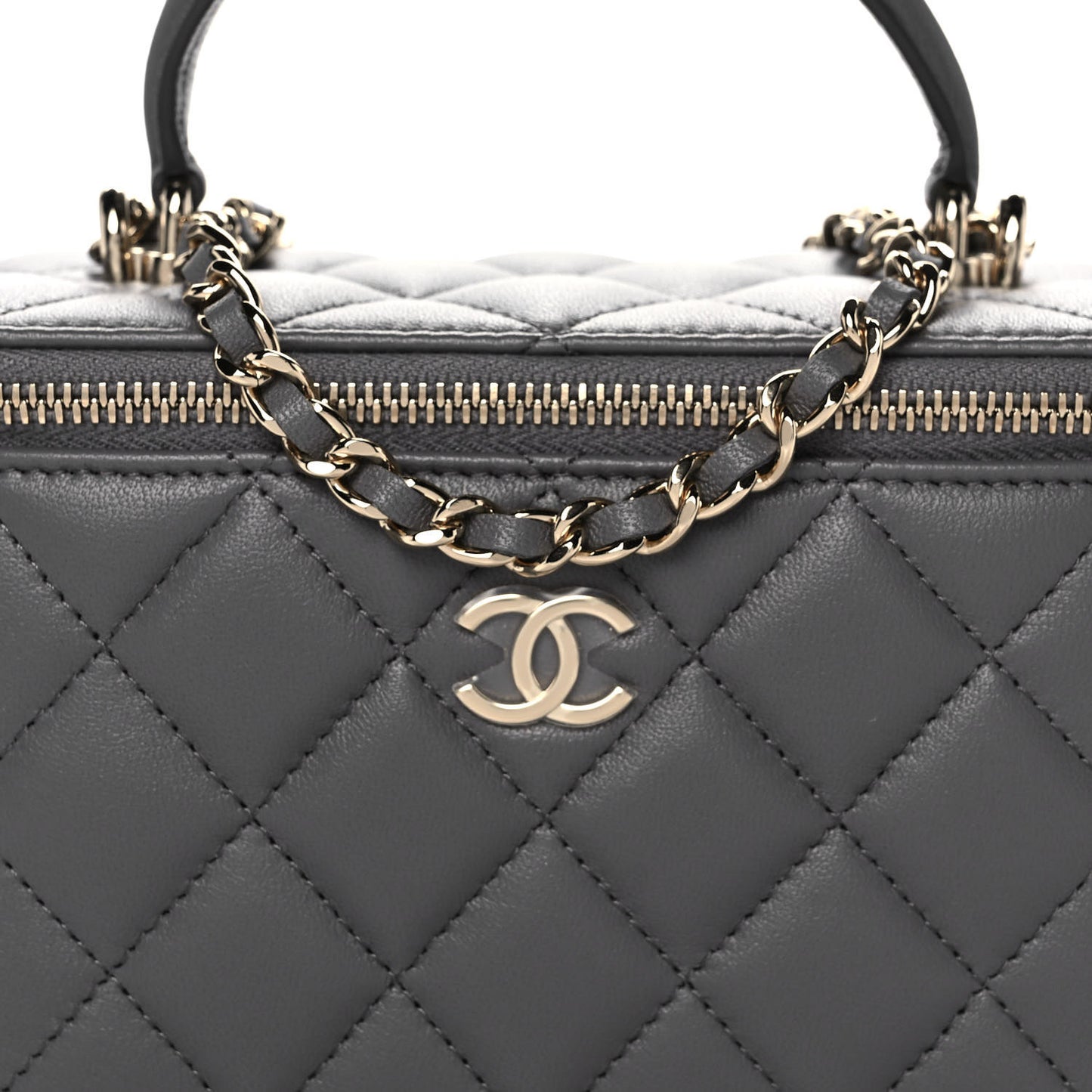 Lambskin Quilted Small Top Handle Vanity Case With Chain Dark Grey