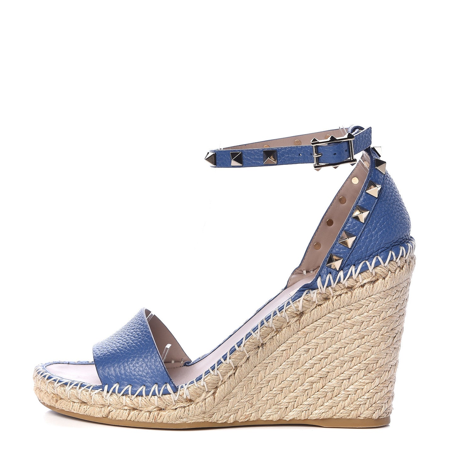Grained Calfskin Rockstud Ankle Strap Espadrille 15/105mm Wedge Sandals 38 Baltique Natural