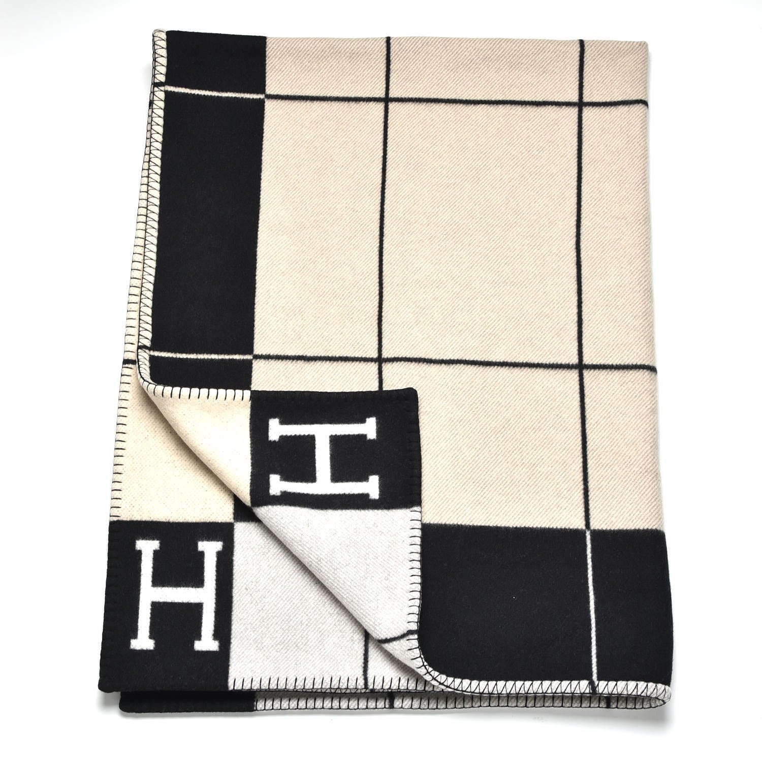 Hermes Wool Cashmere Avalon III Blanket Ecru Black 3 of 4