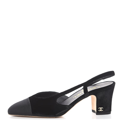 Chanel Velvet Grosgrain Cap Toe CC Slingback Pumps 36.5 Black 1 of 7