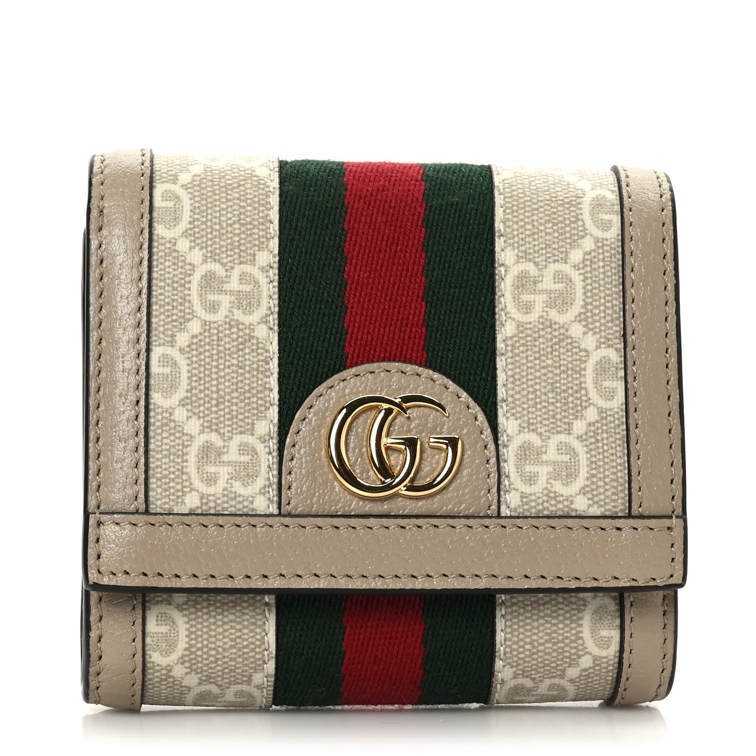 Gucci GG Supreme Monogram Textured Dollar Calfskin Web Ophidia Card Case Wallet Beige Mystic White Oatmeal 1 of 8