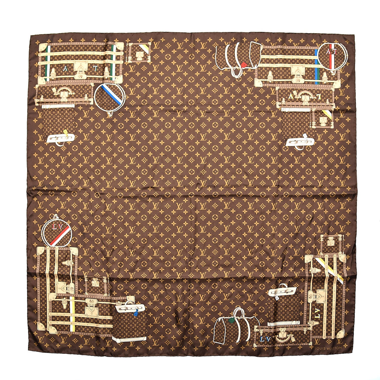 Louis Vuitton Silk Monogram Trunks Square Scarf Marroon 1 of 4