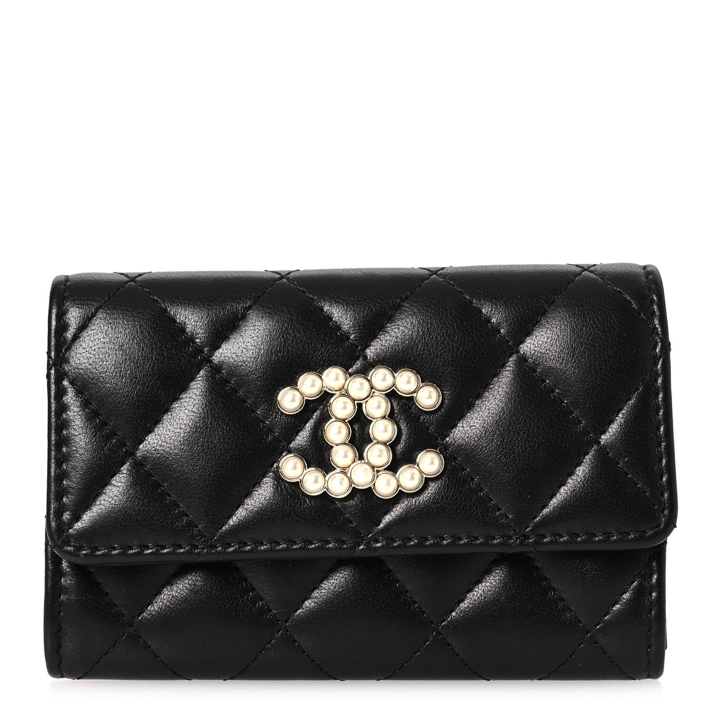 Lambskin Quilted Pearl CC Chanel Flap Card Holder Black