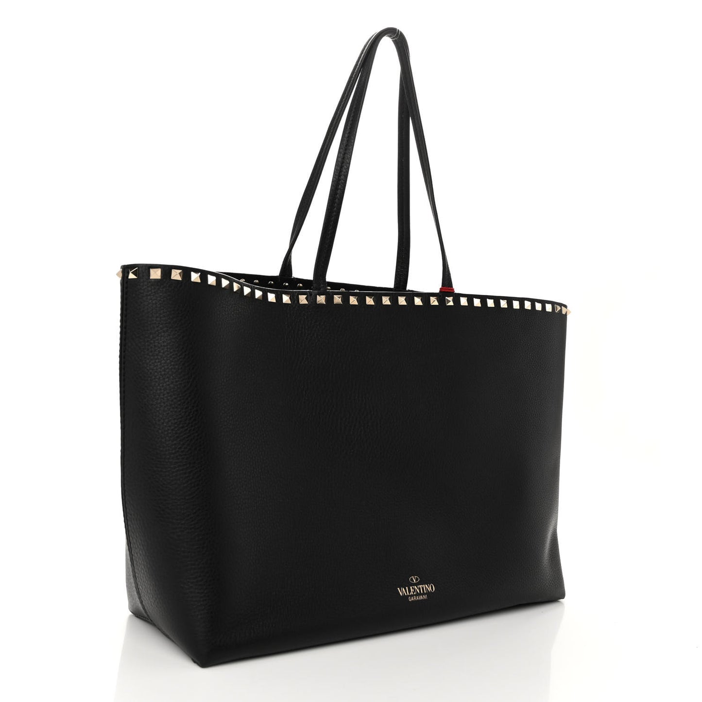 Grained Calfskin Rockstud Shoulder Tote Black