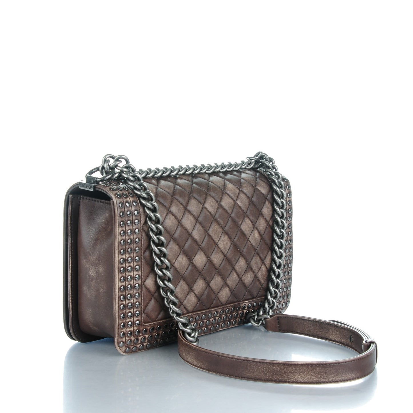 Faded Calfskin Studded Large Boy Flap Brown Beige