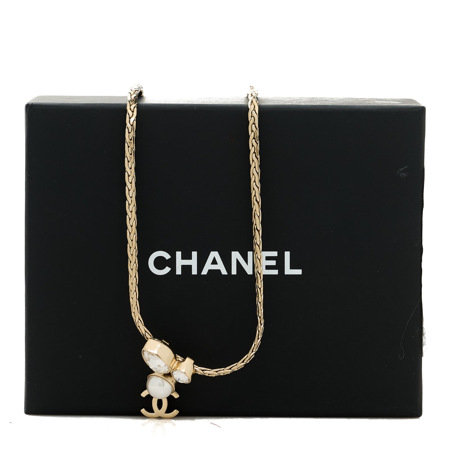 Crystal Pearl CC Drop Necklace Gold
