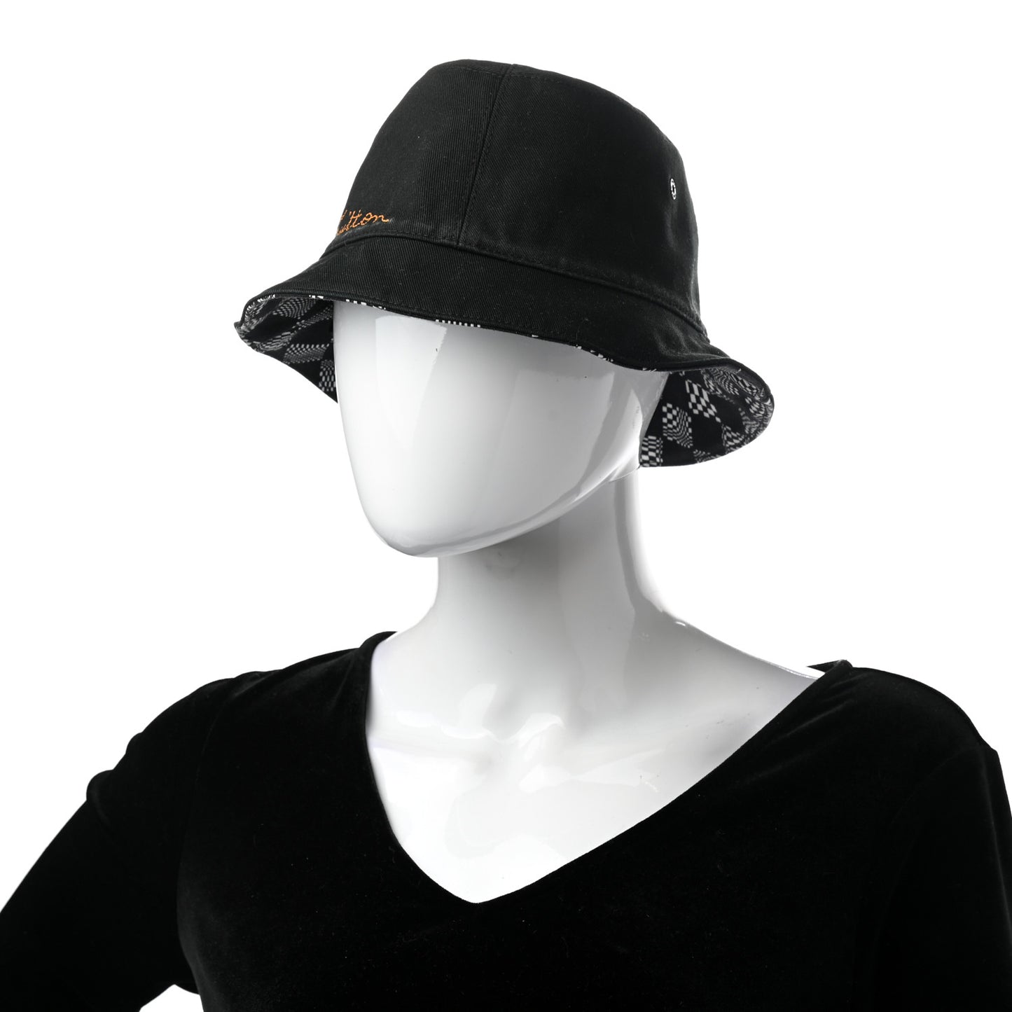 Cotton Damier Distorted Reversible Bucket Hat Black