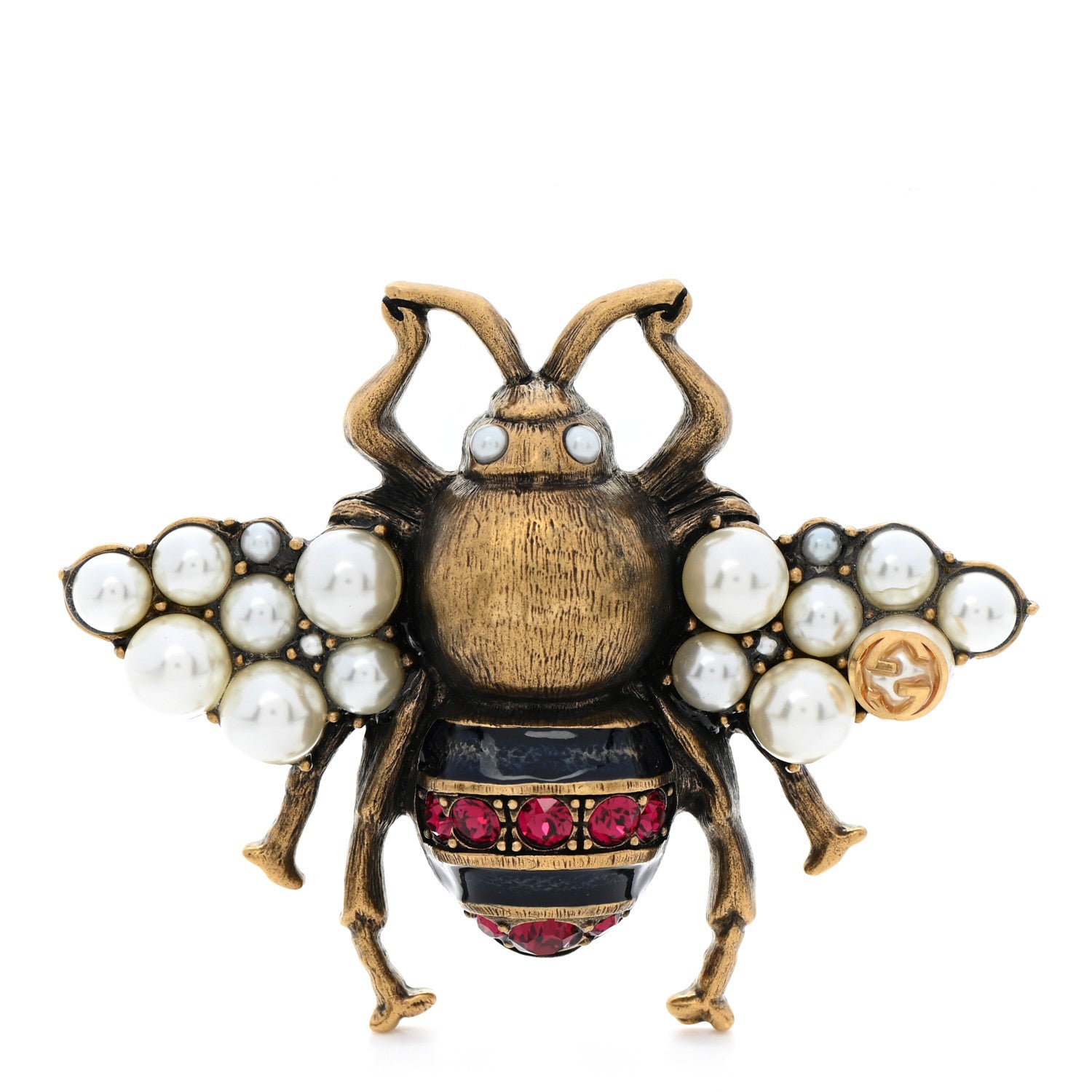 Gucci Metal Pearl Crystal Bee Brooch Aged Gold 1 of 6