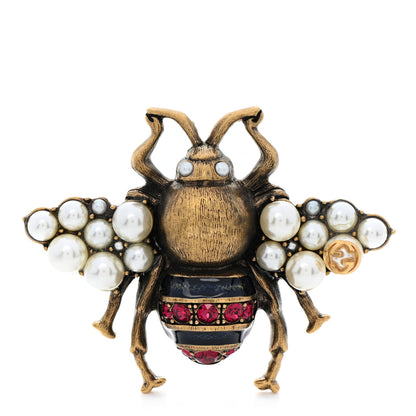 Gucci Metal Pearl Crystal Bee Brooch Aged Gold 1 of 6