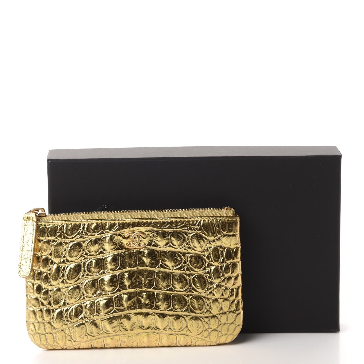 Chanel Metallic Calfskin Crocodile Embossed Cocodile Cosmetic Case Gold 8 of 8