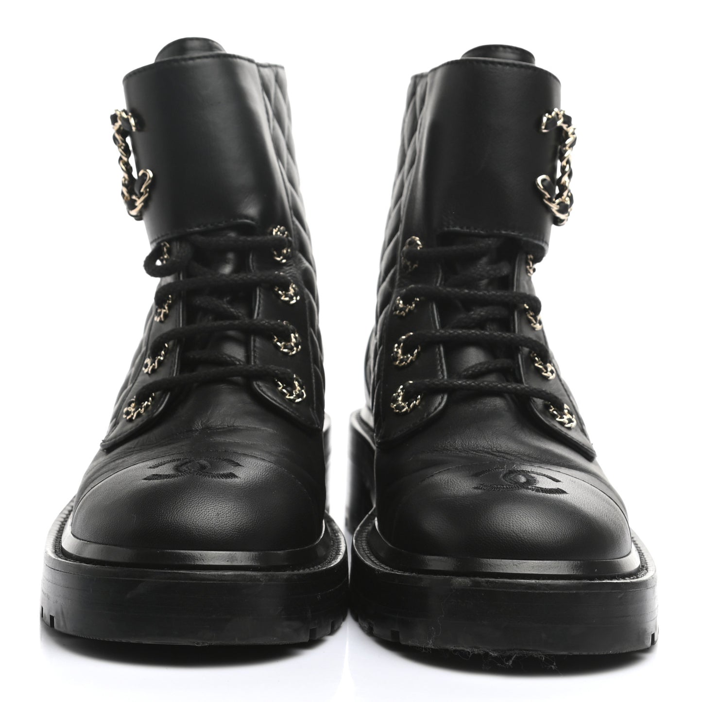 Shiny Lambskin Quilted Lace Up Combat Boots 38 Black