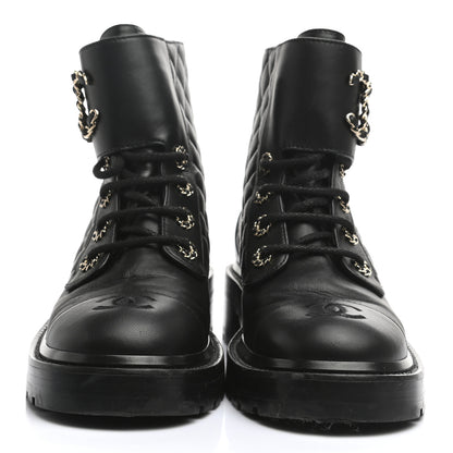 Chanel Shiny Lambskin Quilted Lace Up Combat Boots 38 Black 2 of 13
