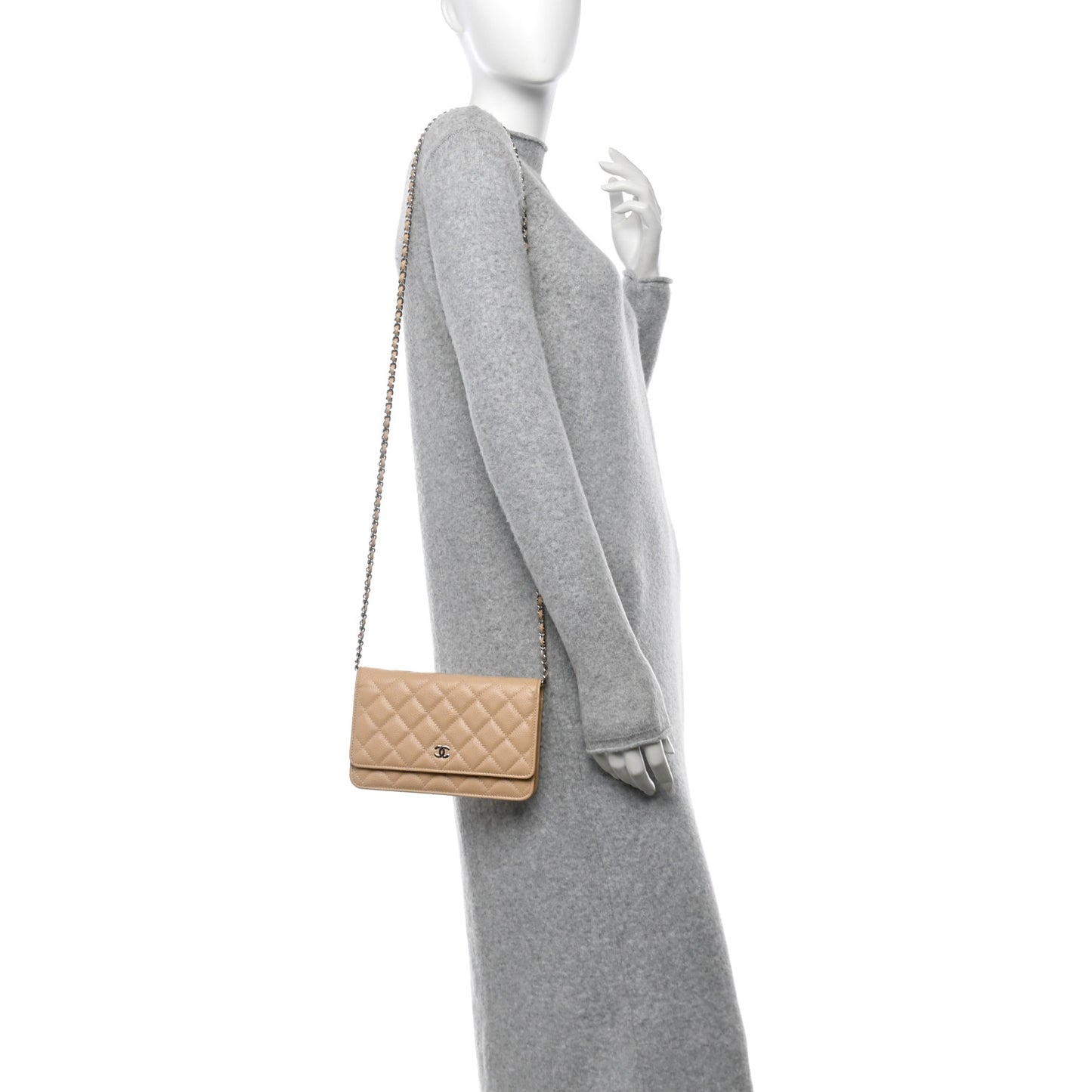 Caviar Quilted Wallet on Chain WOC Beige