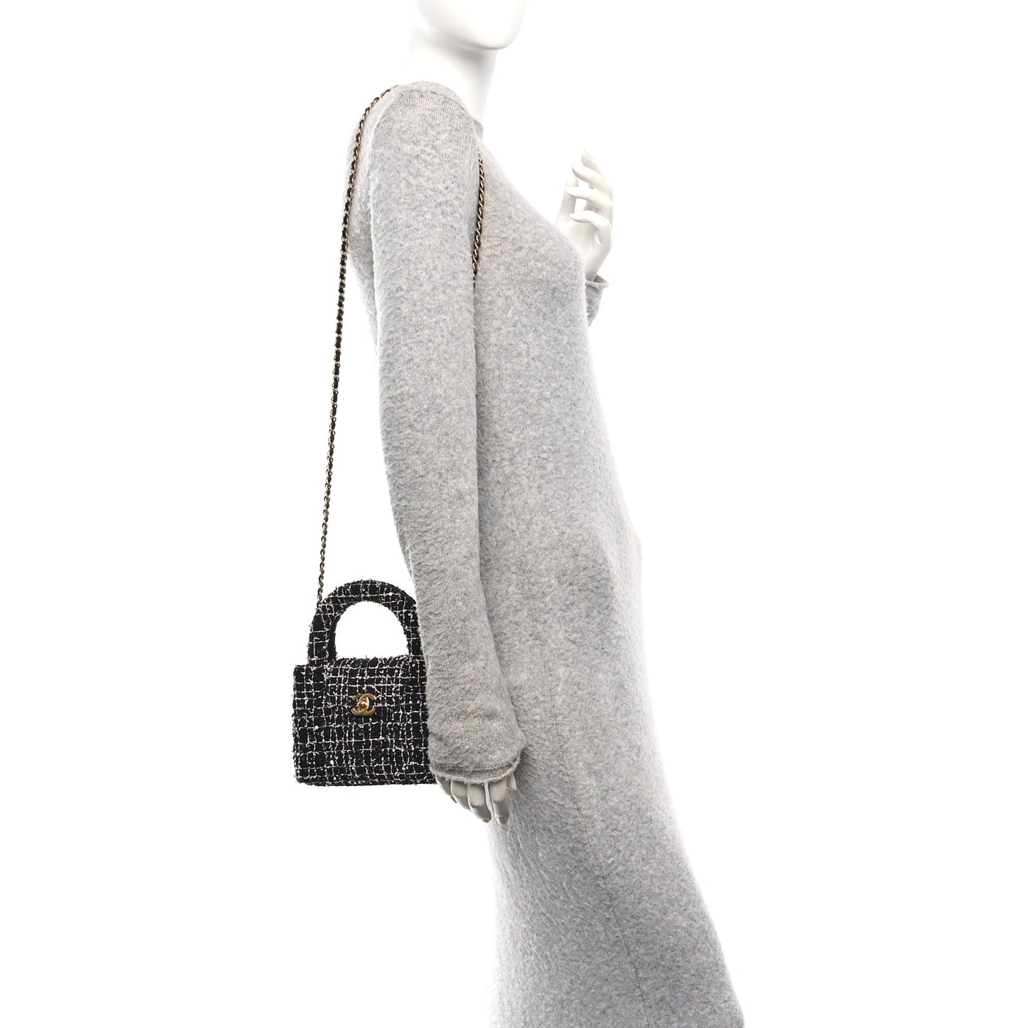 Tweed Quilted Nano Kelly Shopper Black White