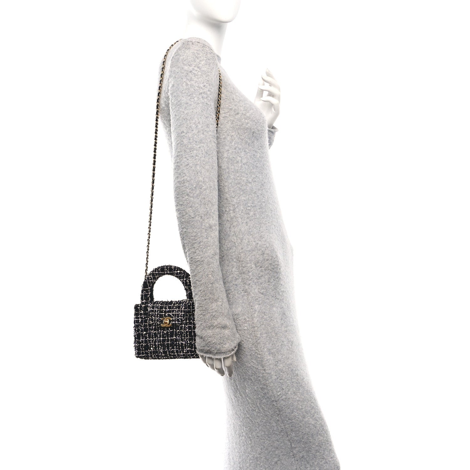 Chanel Tweed Quilted Nano Kelly Shopper Black White 2 of 10