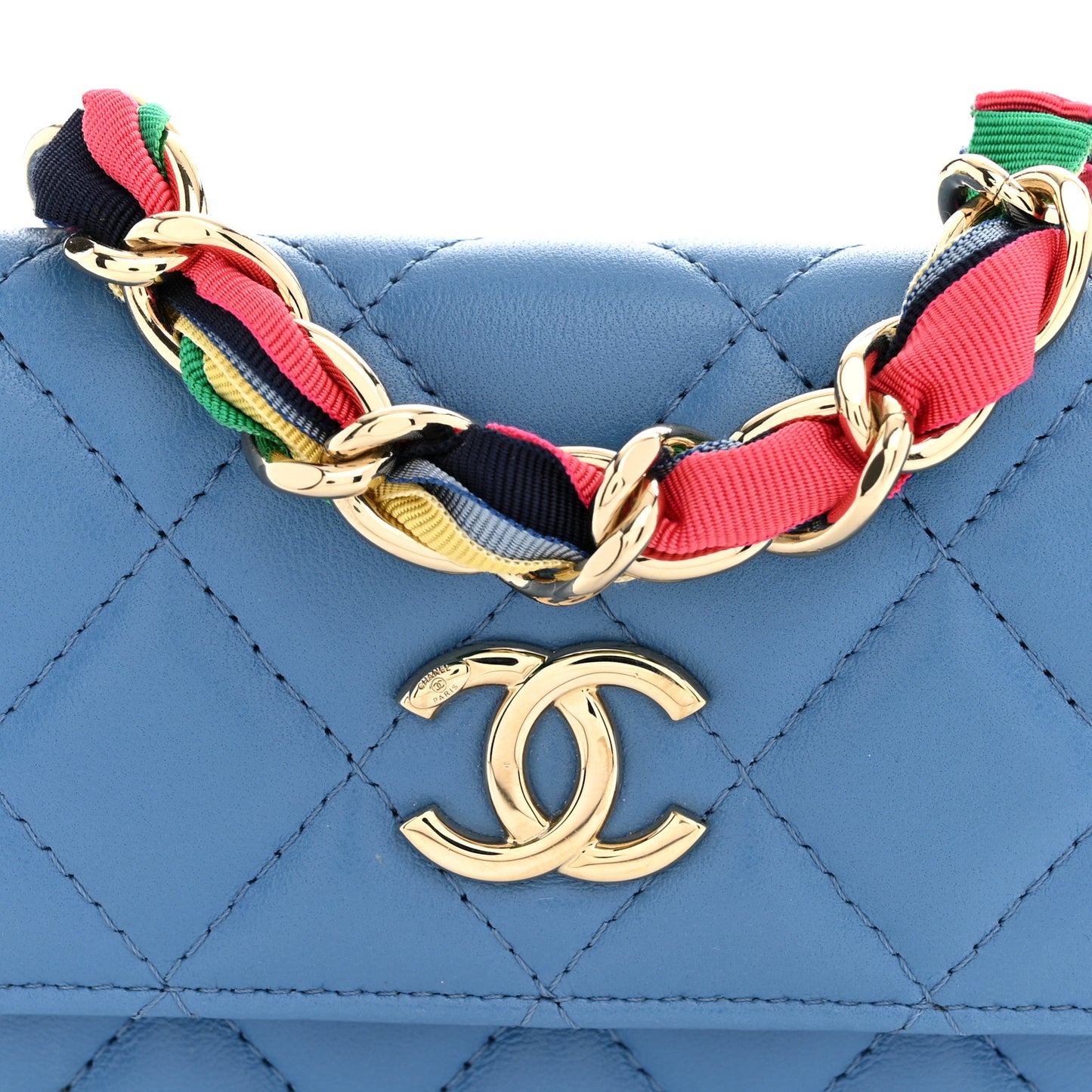 Shiny Lambskin Ribbon Quilted Flap Belt Bag Blue