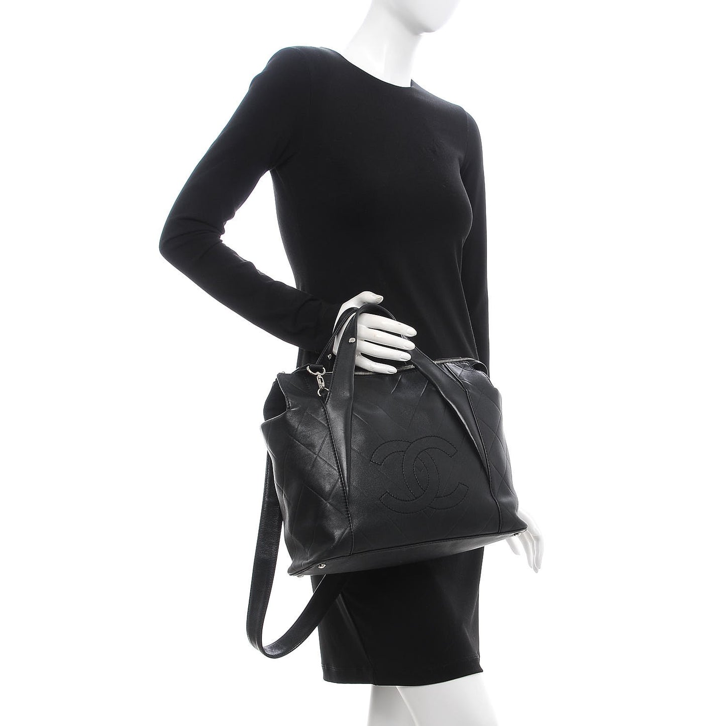 Calfskin CC Chevron All Day Long Tote Black