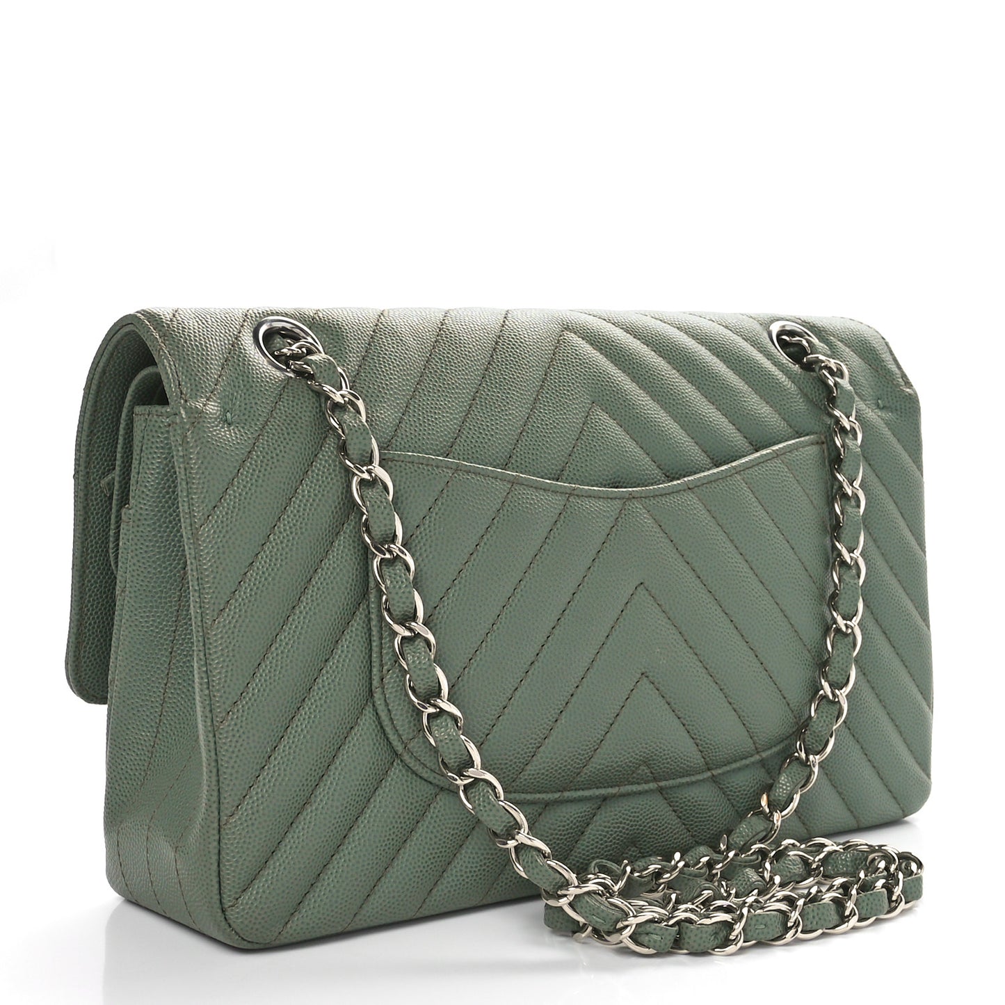 Caviar Chevron Quilted Medium Double Flap  Green