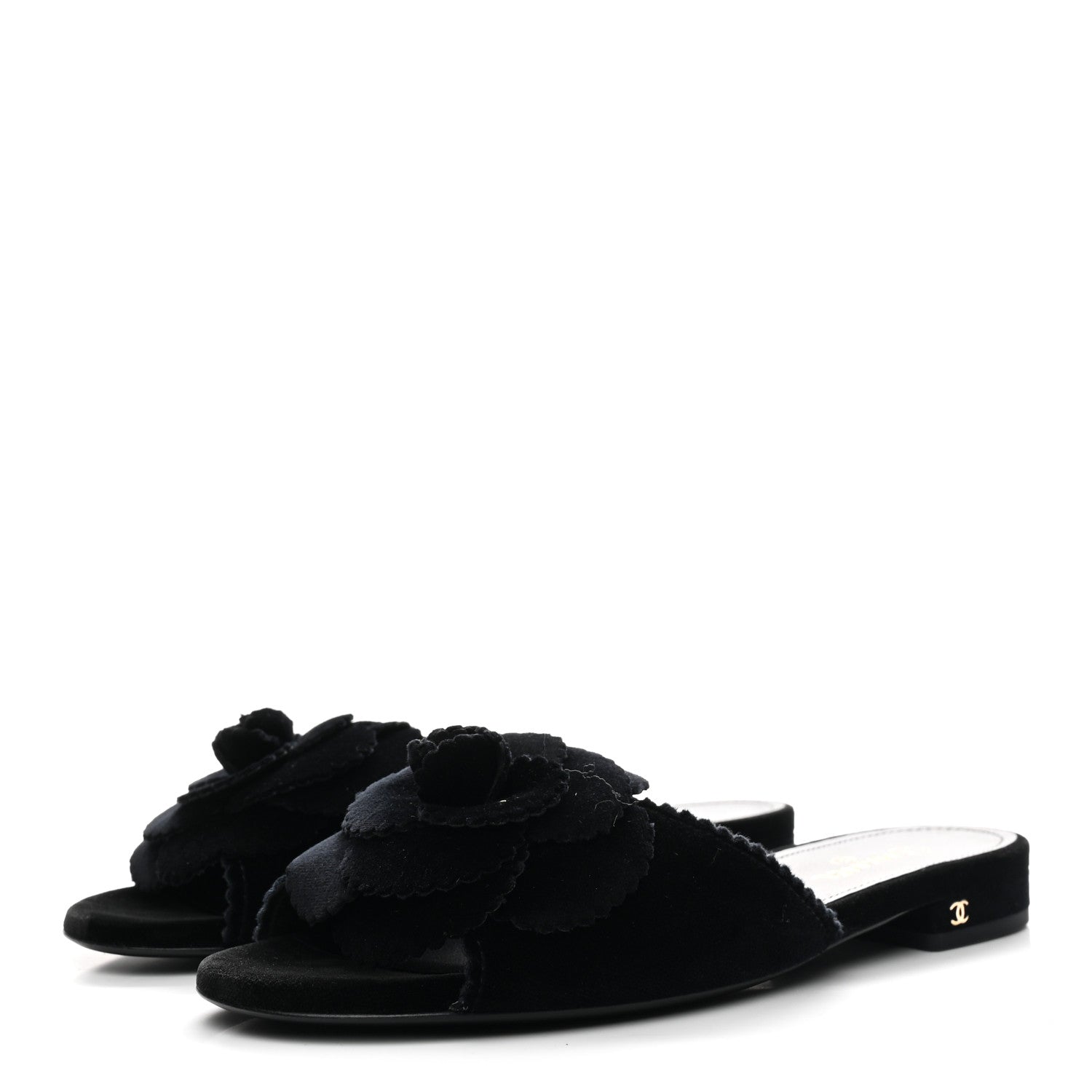 Chanel Velvet Pearl Camellia Slide Sandals 37 Black 1812462