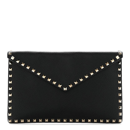 Valentino Garavani Pebbled Calfskin Large Rockstud Envelope Clutch Black 1 of 7
