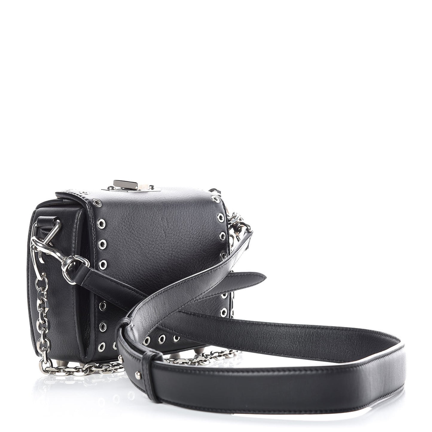 Fine Grain Goatskin Perforated Box Shoulder Bag 16 Black