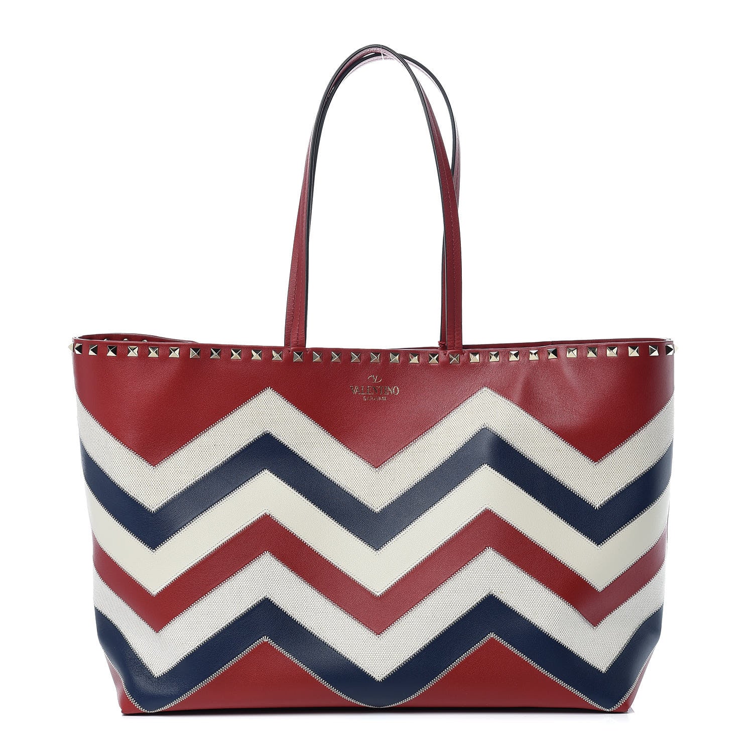 Valentino Garavani Calfskin Canvas Chevron Inlay Rockstud Shoulder Tote Red White Blue 1 of 8