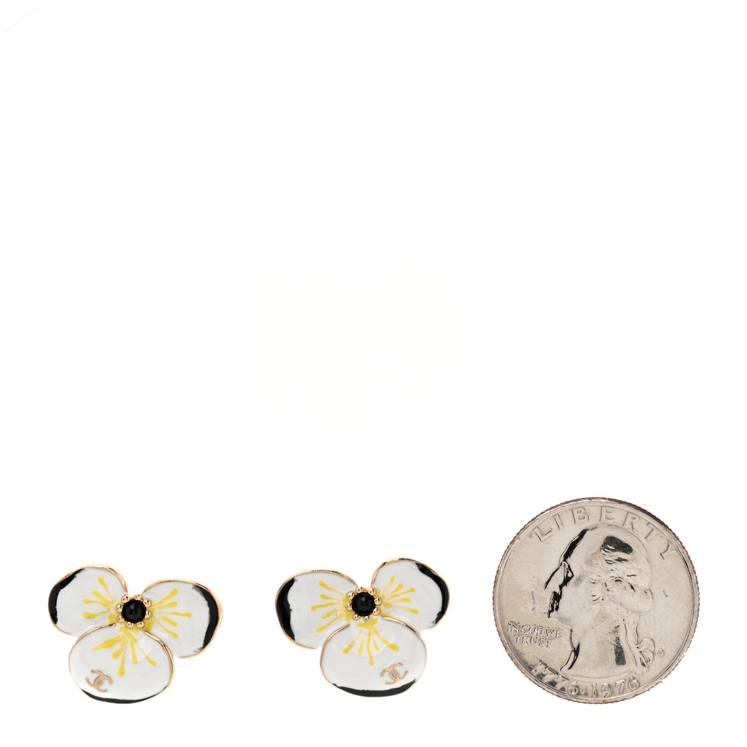 Chanel Metal Resin Glass Pearl CC Flower Stud Earrings  Gold White Black 2 of 5