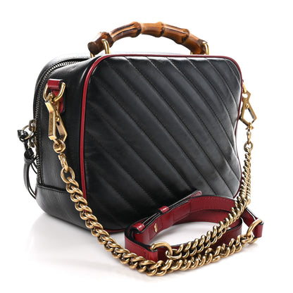 Gucci Vintage Effect Calfskin Matelasse Diagonal Small Torchon GG Marmont Bamboo Top Handle Shoulder Bag Black Romantic Cherry 3 of 13