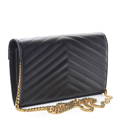 Saint Laurent Grain De Poudre Matelasse Chevron Monogram Chain Wallet Black 3 of 10