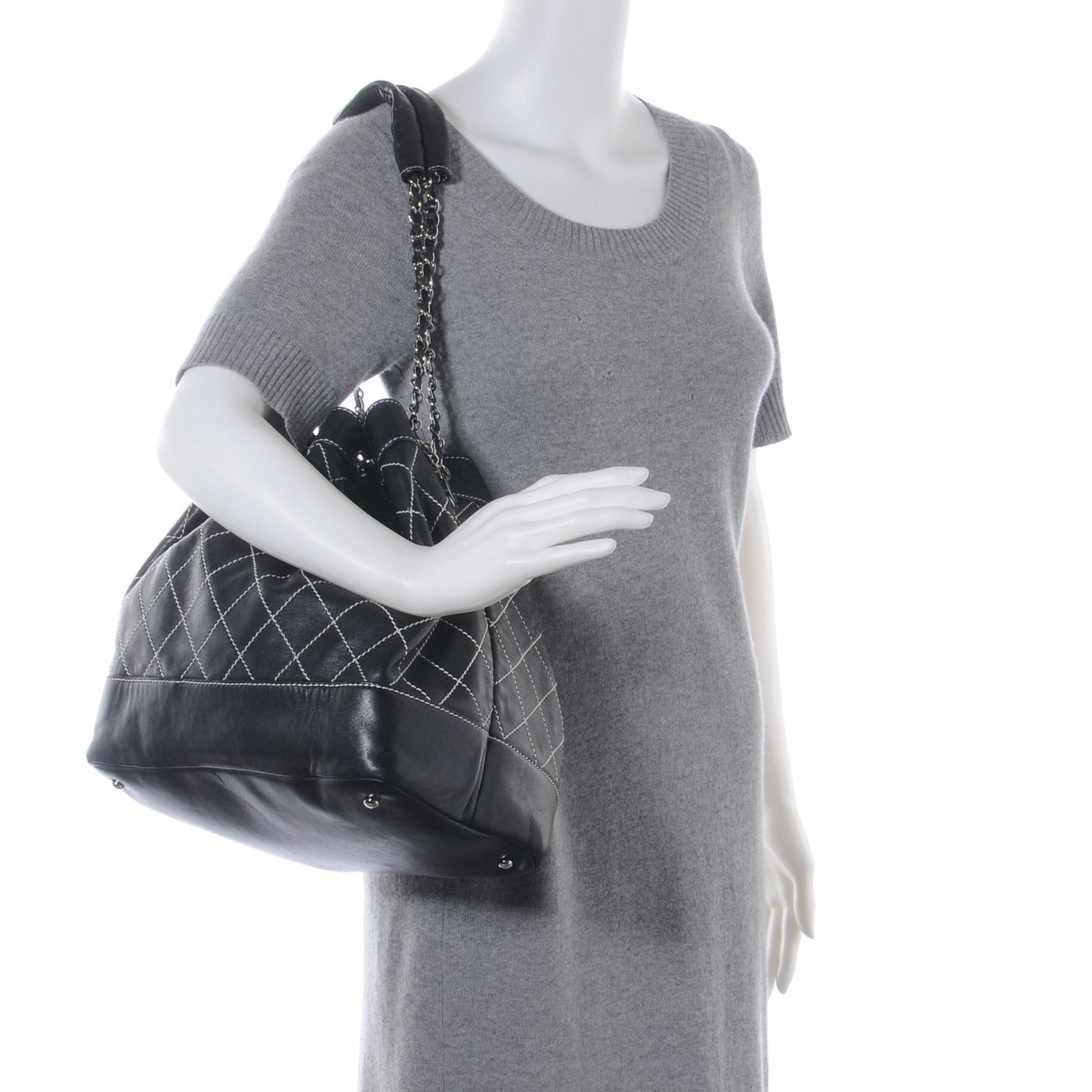 Leather Contrast Stitch Drawstring Tote Black