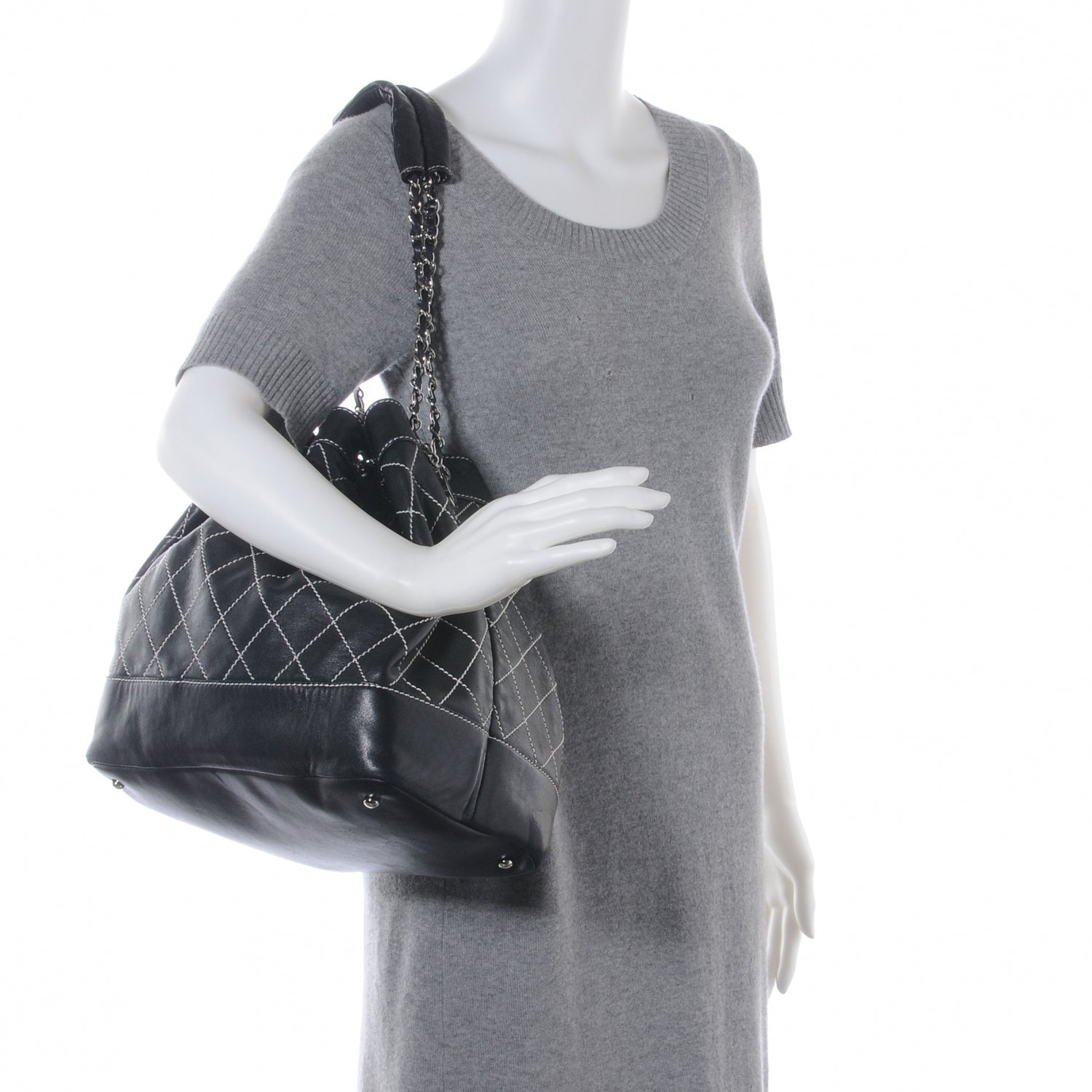 Chanel Leather Contrast Stitch Drawstring Tote Black 2 of 9