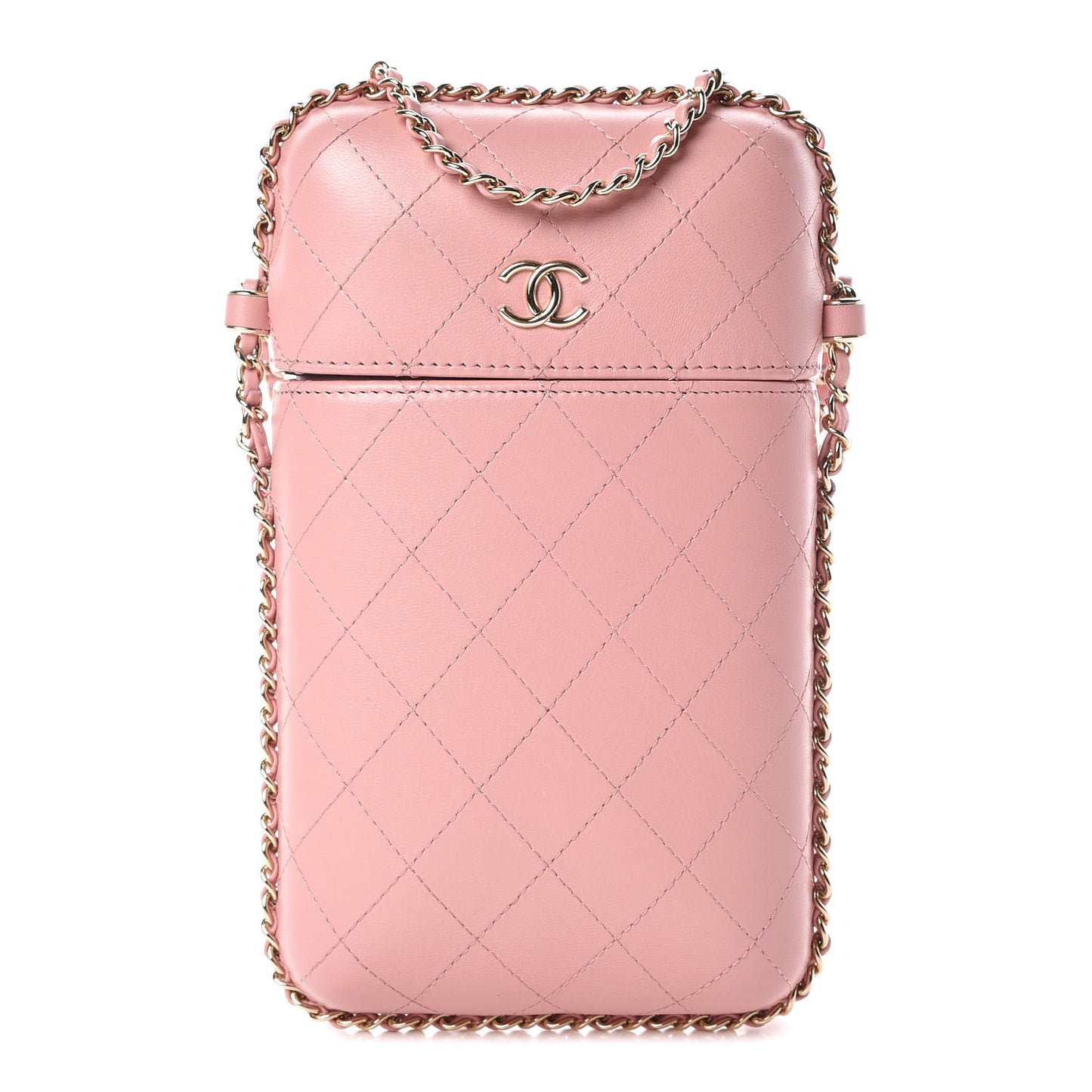 Lambskin Quilted Chain Around Phone Holder Pink