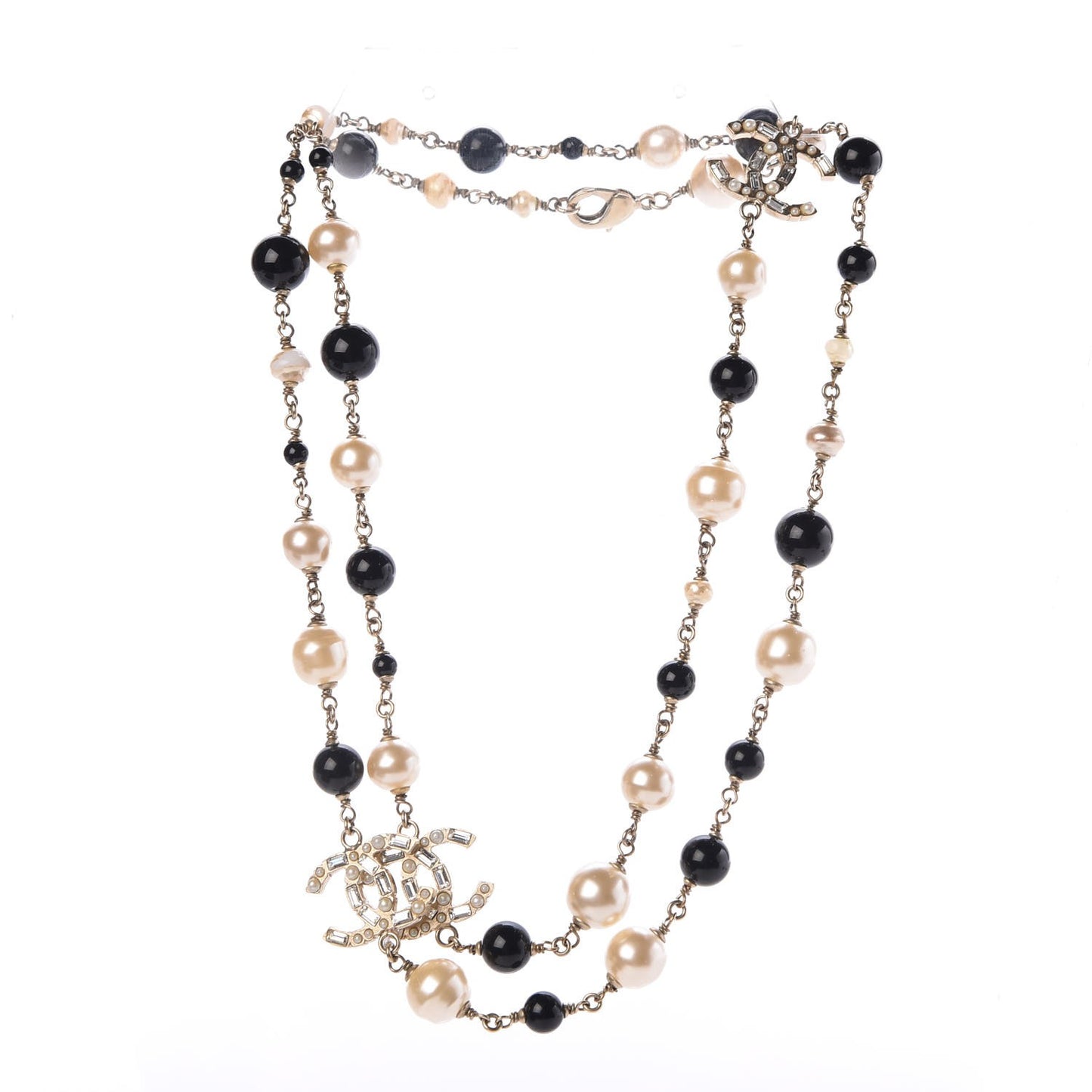 Pearl Crystal Baguette Beaded CC Long Necklace Black Gold