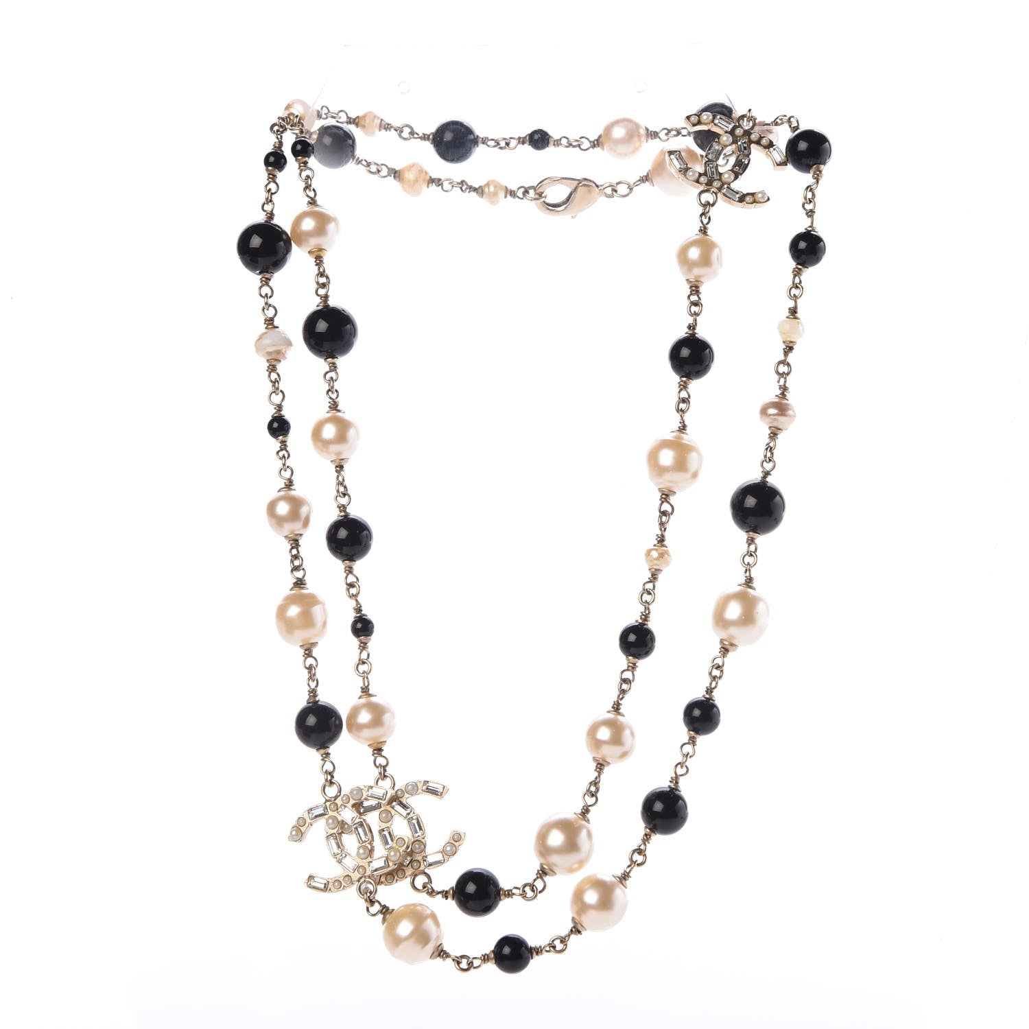 Chanel Pearl Crystal Baguette Beaded CC Long Necklace Black Gold 3 of 5