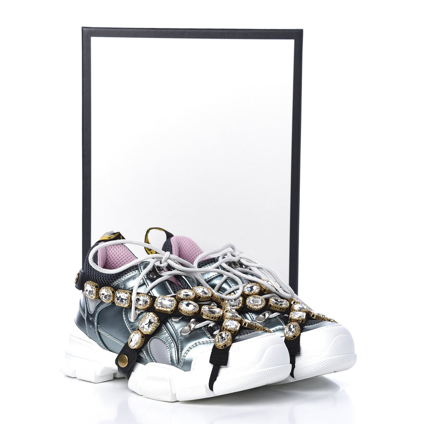 X SEGA Metallic Calfskin Removable Crystals Womens Flashtrek Sneakers 37.5 Lago Loess Silver